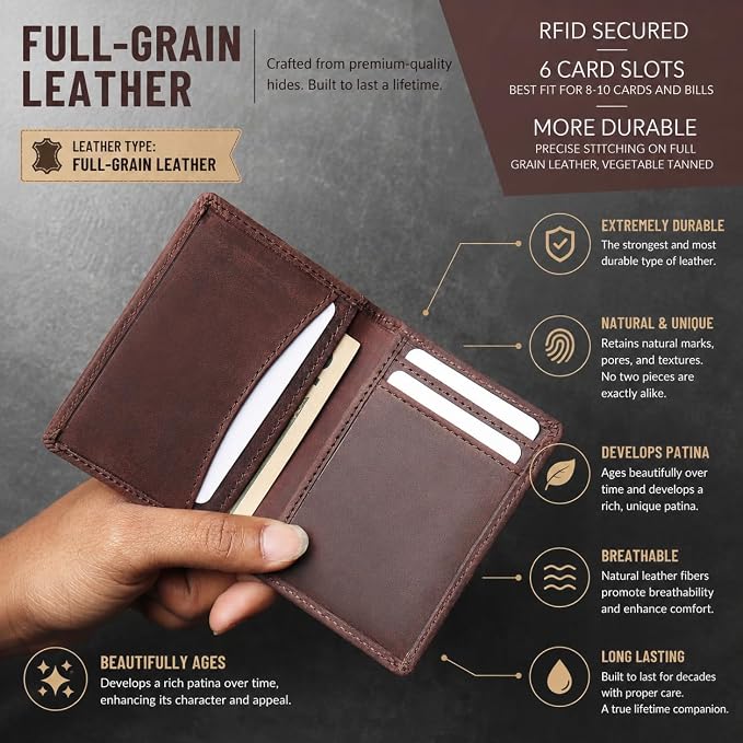 FOXHACKLE Full Grain Leather Credit Card Holder for Men and Women, Slim Bifold RFID Blocking Wallet, Thin Front Pocket Minimalist Wallet, Small Card Case.