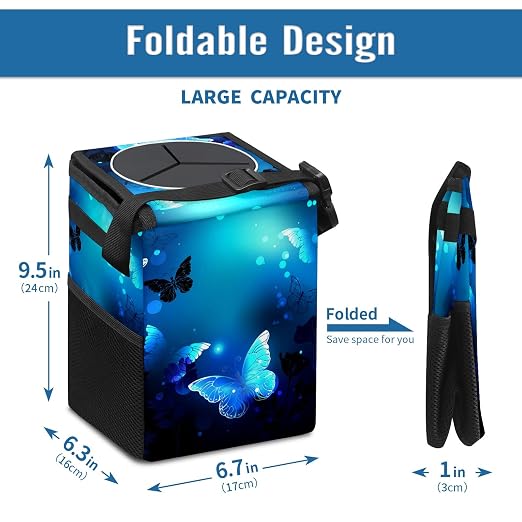 Blue Butterfly Glowing Car Trash Can with Lid Collapsible Reusable Waterproof Car Garage Bag,Automotive Garbage Can,Car Accessories Interior Car Organizer