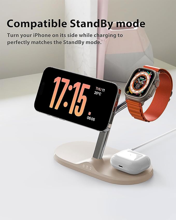 3 in 1 Wireless Charging Station for Apple Devices with MagSafe | Charging for iPhone 17/Air/16/15/14/13, AirPods, Apple Watch, Weighted Stable Charging Stand, USB-C Adapter Included