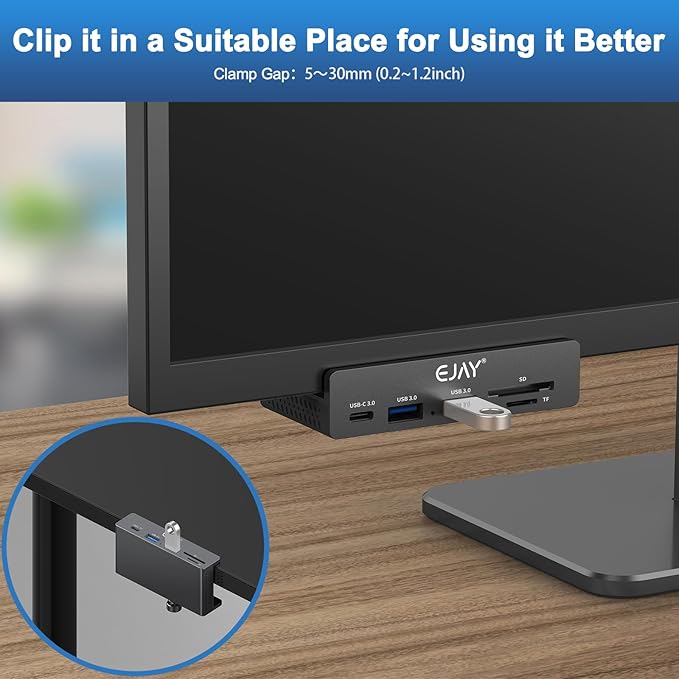 EJAY 5Ports USB3.0 HUB Alu Splitter Desktop Docking with Card Reader for Desk/Monitor Clipping with Extra Power Supply Port,59inches Data & 39inches Power Cable-5Gbps(Black)