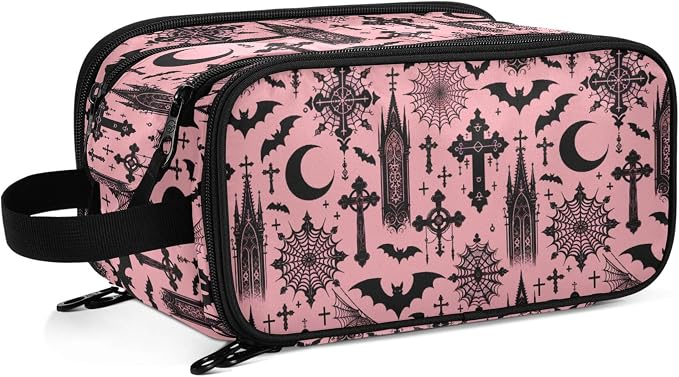 MNSRUU Large Capacity Makeup Bag, Black Gothic Moon Spider Webs and Bats Cosmetic Bag Portable Toiletries Pouch with Compartments Makeup Organizer Case for Travel Women