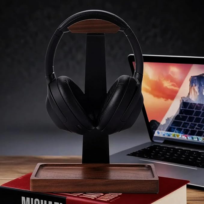 Walnut Headphone Stand, Wooden Headset Stand for Desk, Wood Gaming Headphone Holder with Storage Base for Airpod max, Bose, Razer, Sennheiser, Jabra, JBL, AKG, Vintage Gift for Men, Black