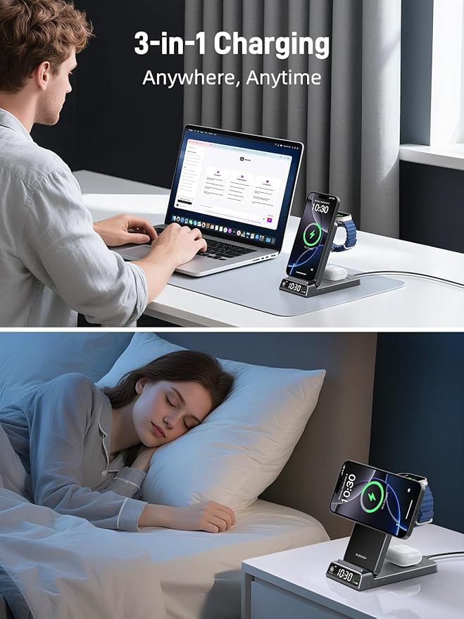 3 in 1 Charging Station for Apple, Magnetic Charger for iPhone, Foldable Wireless Charger with Clock, Travel Watch Charger Stand for iPhone 17/Air/16/15 Series, iWatch 10/AirPods 4 (Grey)