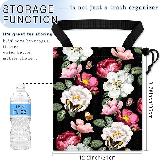 Car Trash Bag Hanging Back of Seat Waterproof Small Cute Printed One-handed Strap Drawstring Garbage Bags for Car-Black Floral