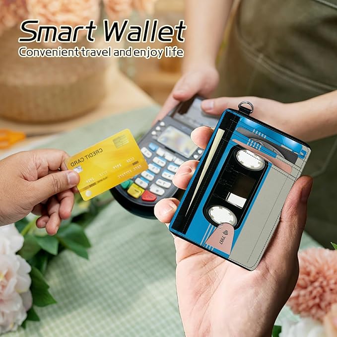 Small Travel Wallets, Blue Cassette Slim Minimalist Front Pocket Wallet with Wristlet, RFID Blocking PU Leather Credit Card Holder with ID Window Change Purse for Men Women