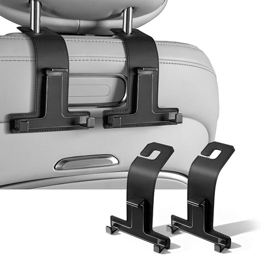 Car Hooks for Headrest, Multifunctional Luxurious Leather and Magnesium Alloy Car Seat Back Hook & Mobile Phone Holder, Double Headrest Hanger Storage Hook for Purses, Handbags (Black)