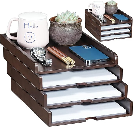 Wooden Desk Organizers Stackable 4-Tier Letter Tray, Solid Wood A4 File Document Organizer, Stackable Desktop Paper Storage Tray for Mail Bills Document Home Office Workspace Organization