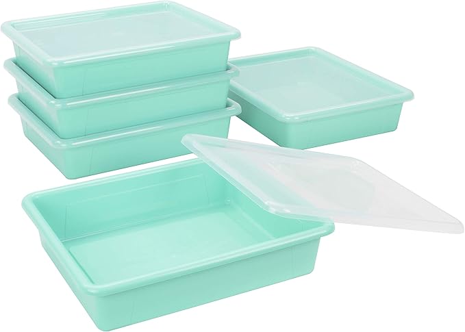 Storex Letter Size Flat Storage Tray – Organizer Bin with Non-Snap Lid for Classroom, Office and Home, Teal, 5-Pack (62541A05C)