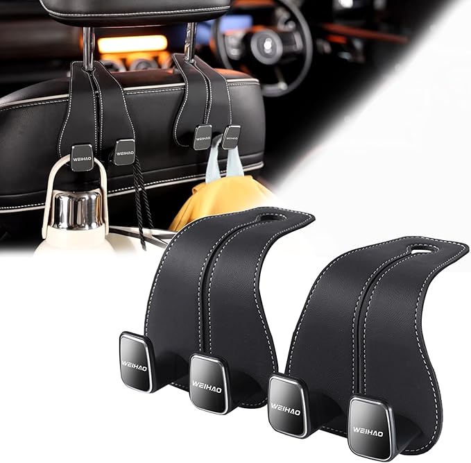 WEIHAO Wide Purse Hook for Car, Twin Hook Leather Car Headrest Hangers, Car Seat Back Storage Hook, Headrest Hooks Purse Bag Holder for Car Universal Fit Sedan Trucks SUVs Most Vehicles (Black-2PCS)