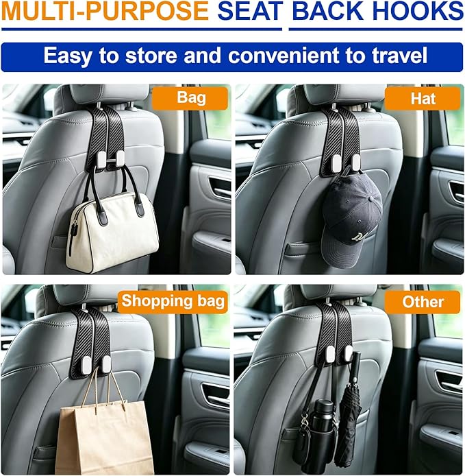 4 Pack Leather Purse Hook for Car, Car Seat Hooks for Headrest, Car Seat Back Storage Hook for Purses and Bags, Universal Back Seat Holder for Grocery Bag, Black