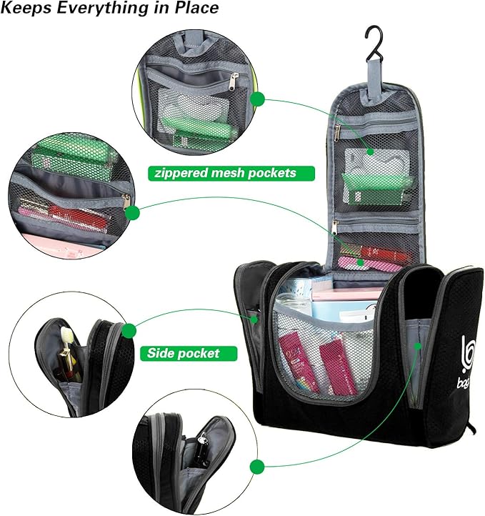Bago Travel Toiletry Bag for Women and Men X-Large Waterproof Hanging Large Toiletry Bag for Bathroom and Travel Bag for Toiletries Organizer -Travel Makeup Bag (Black)