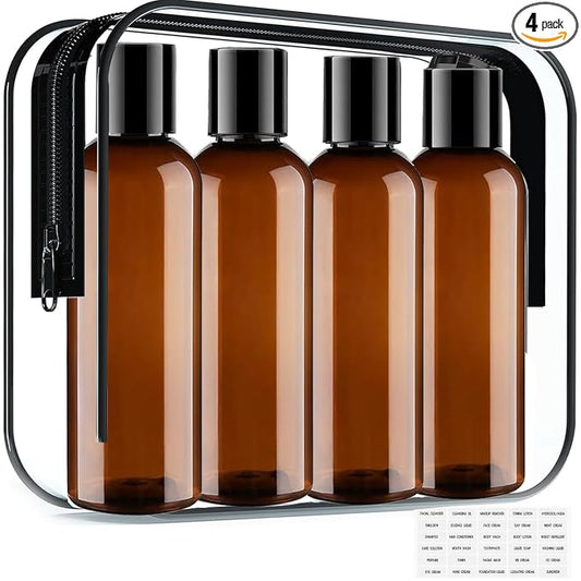 Moonlik Toiletry Travel Bottles, 4Pack 3.4oz/100ml - Squeezable Plastic Containers with Flip Caps - Refillable Cosmetic Kit for Shampoo, Conditioner, Lotion, and Travel Essential- Brown