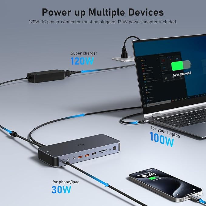 USB C Docking Station Dual Monitors Type C Hub Multiple Adapter Dongle for Dell HP Lenovo Laptop USB C Dock Triple Display with 2 HDMI,DisplayPort 8K,120W Power Supply&30W Charging,10Gbps USB A/C Port