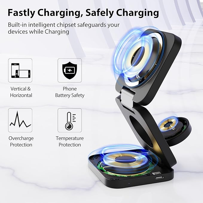 KU XIU X55 Foldable 3 in 1 Charging Station for Apple Devices, 15W Fast Magnetic Wireless Charger, Magent Travel Charger Stand for iPhone 16 15 14 13 12 Series, 5W for Apple Watch, AirPods-Black