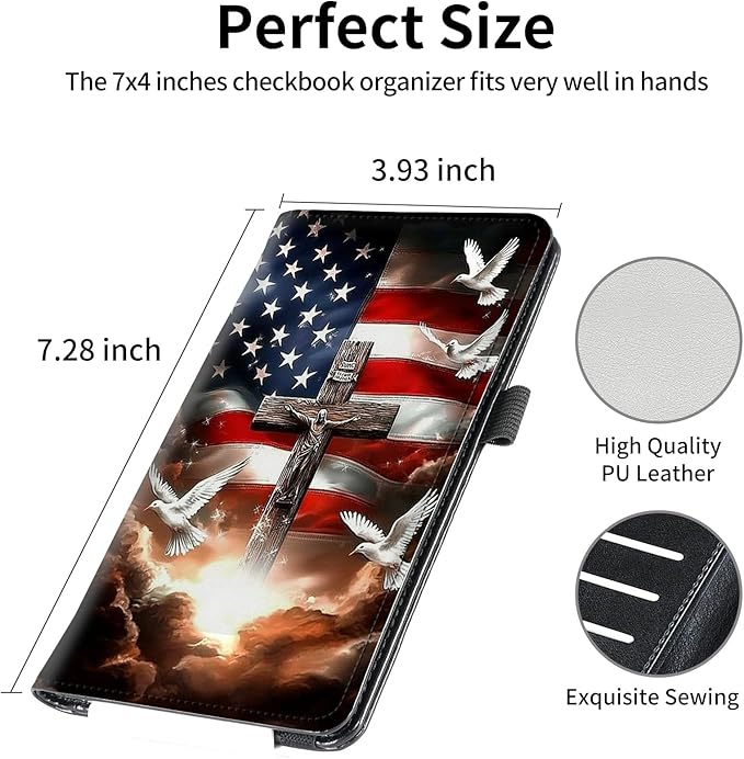 FUYOCWE Checkbook Covers for Personal Checkbook,Leather Checkbook Cover for Business/Personal Checks,RFID Blocking Check Book Cover Holder Wallets for Men Women-American Flag with Cross Dove