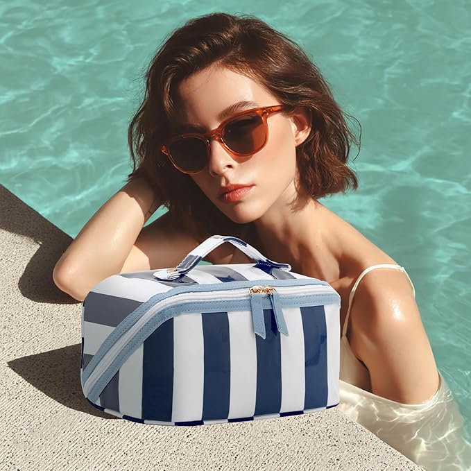 DYSHAYEN Stripe Travel Makeup Bag with Compartments Clear Coated Cosmetic Bag for Women, Waterproof Portable Open Flat Toiletry bag （White-Navy）