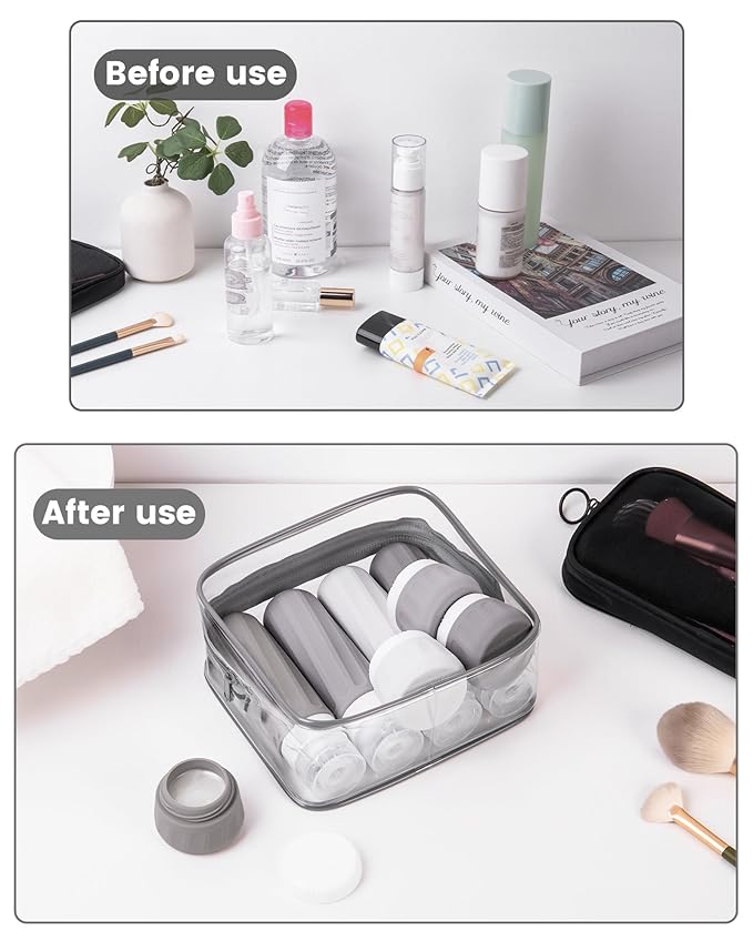 Mrsdry Travel Bottles for Toiletries 8 Pack, TSA Approved Travel Size Containers 3oz, Leak Proof Silicone Squeezable Creams Jars with Clear Travel Bag