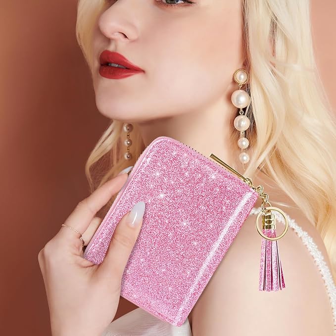 Coco Rossi Women's Small Credit Card Wallet RFID Cute Card Holder for Women with Tassel, Peach Glitter