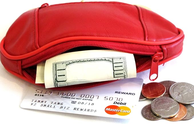 Womens Leather Mini Wallet ID Credit Cards Cash Coin Holder Case Organizer Purse with Framed & Zipper Closures - RED, (COIN03-RED)