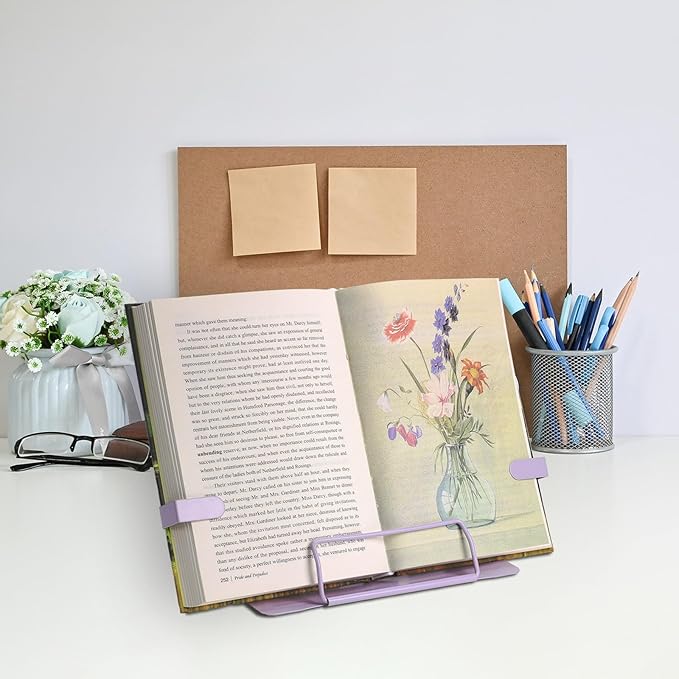 Metal Desk Book Stand for Reading with Adjustable Clips, Hands-Free Foldable Book Holder for Kids, Portable Document Stand for Desk, Display Stand for Recipes, Cookbooks, Tablets - Purple