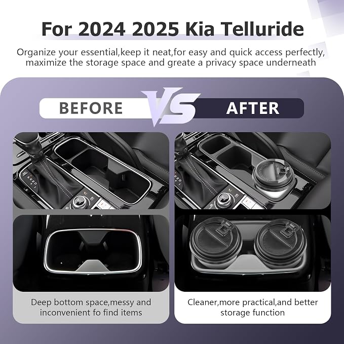 LUWU Cup Holder Compatible with 2024 2025 2026 Kia Telluride Center Console Organizer Drink Holder Replacement for 2025 2026 Kia Telluride Accessories Center Console & Rear Seat Cup Holder 2-Pack