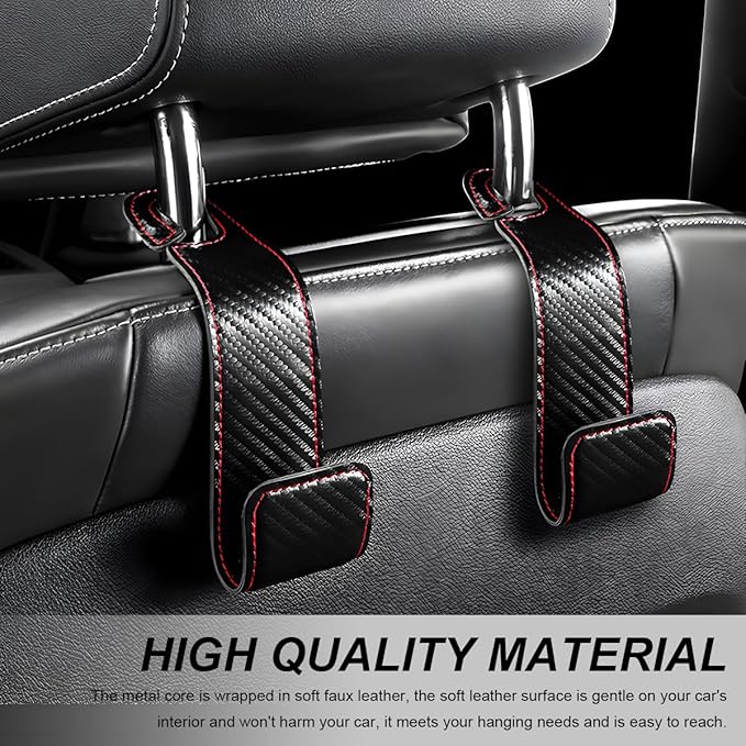 2 PCS Car Seat Headrest Hooks, Microfiber Leather Hanger Holder Hook for Hanging Purse and Bag, Universal Vehicle Back Seat Organizer Hook for Grocery Bag Handbag Coat (Carbon Fiber)