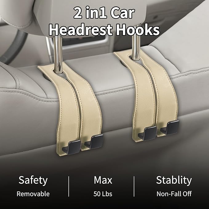 vidonio 2 Pack Double Car Seat Hooks for Headrest, Rotatable Purse Holder for Car, Premium Leather Car Hooks for Purses and Bags, Headrest Hook and Storage Accessories (Beige)