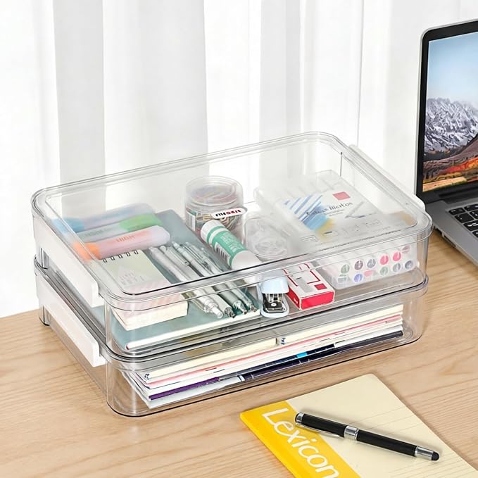 BTSKY 1 Pack Plastic Storage Containers with Lids, Portable Project Case Document Organizer Stackable Plastic File Storage Box for A4 File Paper Documents Scrapbook Art Supplies&Crafts(Big, White)