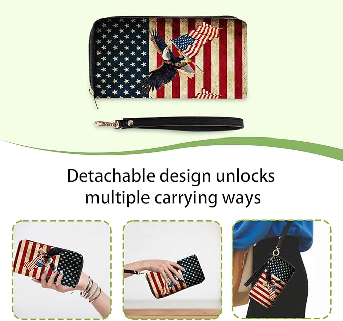 American Flag & Eagle Wallet for Women - Slim PU Leather Patriotic Wallet with Cash Zipper Coin Purse, Small Credit Card Holder Travel Wallet, Wristlet Wallets for Female Ladies Men