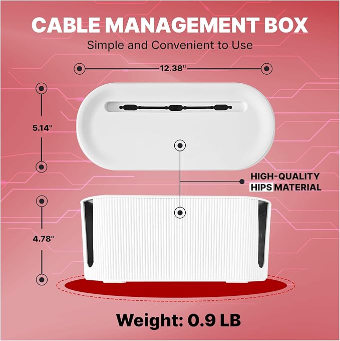 Cable Management Box with 5 Multicolored Cable Ties and 4 Antislip Pads | Cord Management Box 12.4" (L) x 5.1" (W) x 4.8" (H) Cord Organizer Box, Cable Organizer with Easy Access Holes