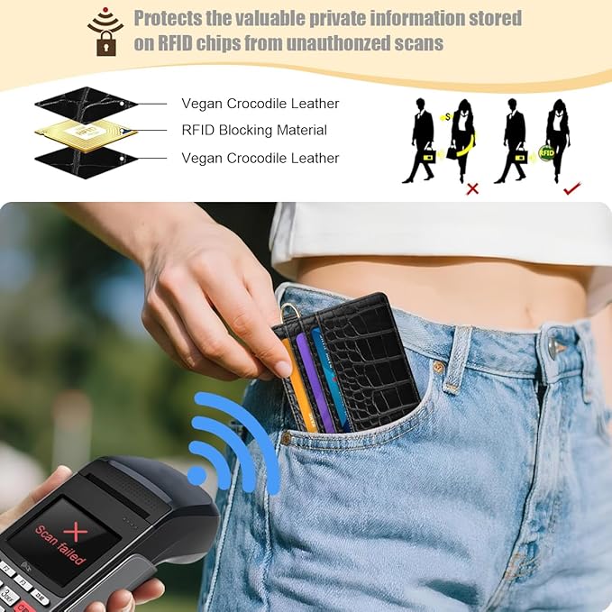 Slim Credit Card Holder Crocodile Wallet Women Thin Alligator Wallets RFID Blocking Minimalist Lightweight Small Cute Cards Holders with ID Window, Black