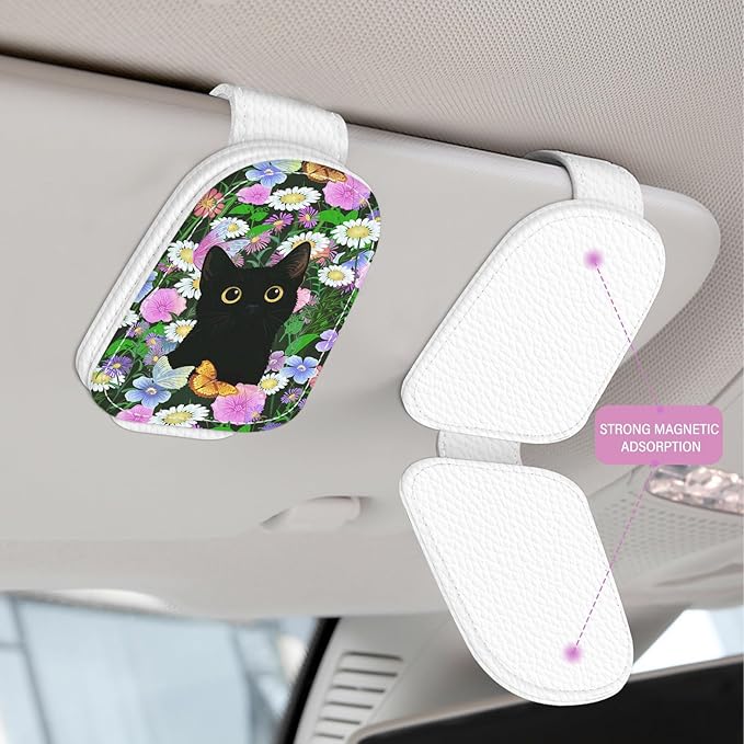 2 Pack Magnetic Leather Sunglass Holder, Universal Magnetic Car Eyeglass Hanger Clip for Different Size Eyeglasses, Car Visor Accessories (Butterfly Cat)