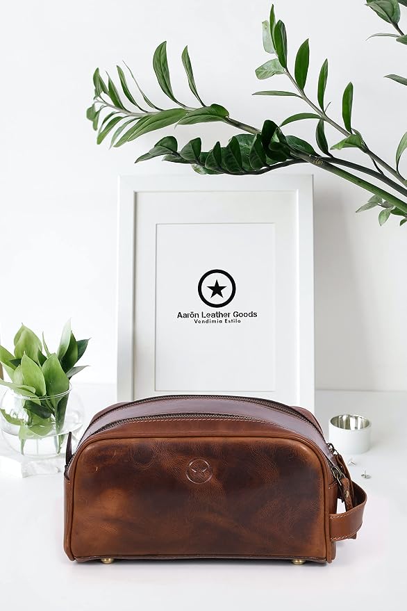 10" Premium Leather Toiletry Travel Pouch With Waterproof Lining | King-Size Handcrafted Vintage Dopp kit By Aaron Leather Goods (Espresso)