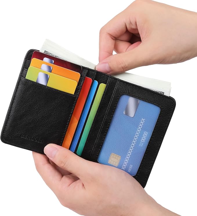 Bifold Slim Men Wallet Genuine Leather Thin, Small Vertical RFID Blocking Wallets for Men ，Compact & Stylish with Clear ID Windows (Black)