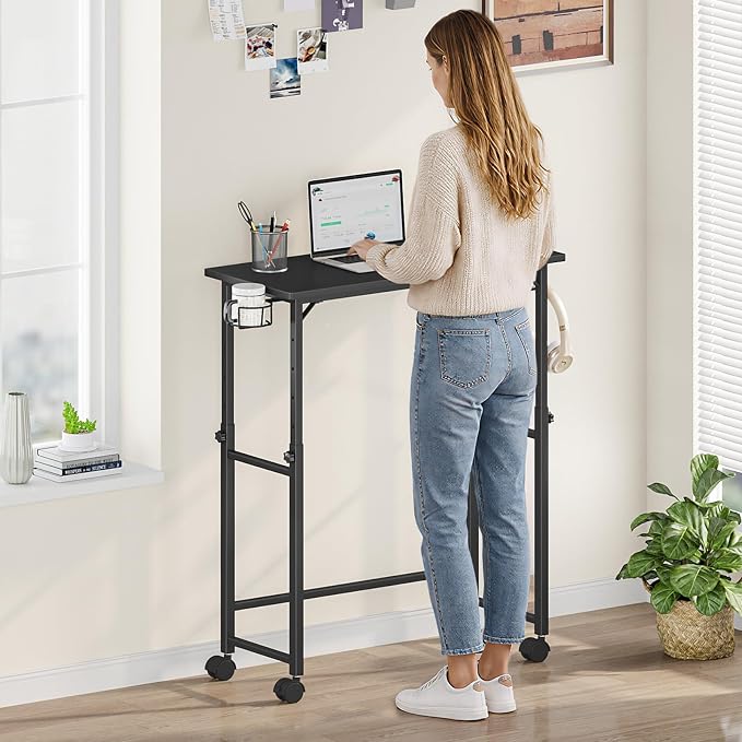 Snughome Mobile Keyboard Tray with Wire Cup Holder & 2 Storage Hooks, Height Adjustable 27.5"–44.4", Rolling Standing Desk Keyboard Platform with Lockable Casters for Home Office, Black