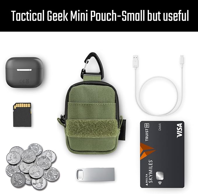 Tactical Geek Storage A6 Mini Size EDC Utility Pouch, Mini Coin Purse with Custom Carabiner, EDC Mini Size Pocket Organizer, Wireless Headset Pack, Key Waist Case for Daily Carry-Green