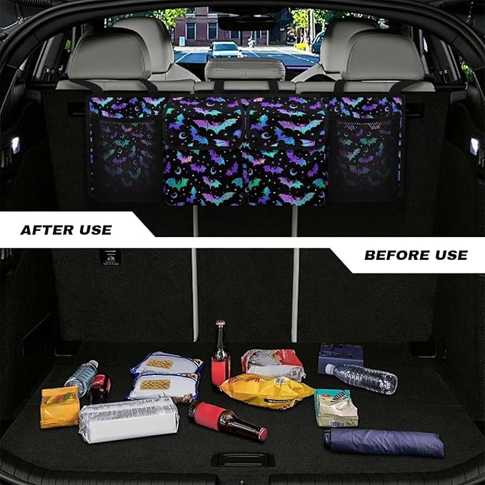 Hanging Car Trunk Organizer Halloween Bats Moon Car Back Seat Storage Bag Auto Cargo Bag Collapsible Auto Interior Accessories for Sedans SUV Jeep Trucks MPV Van
