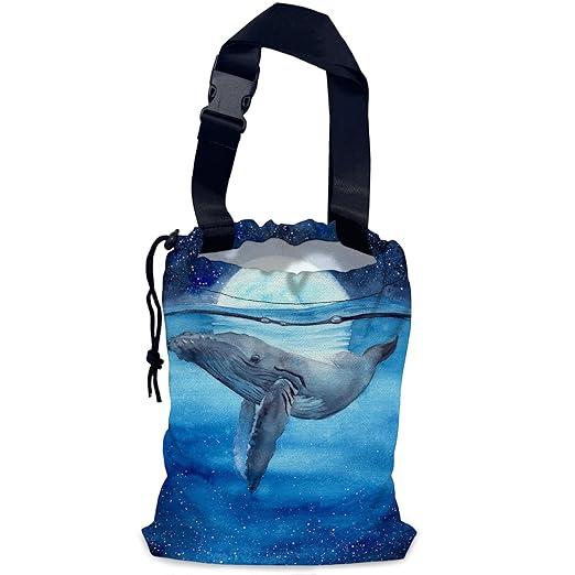 Watercolor Blue Whale Car Garbage Bag,Moon Starry Night Waterproof Small Car Trash Bag Hanging Back of Seat,Drawstring Hanging Car Trash Bag with Adjustable Buckle for Car Accessories