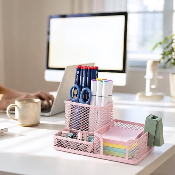 M&G Mesh Pen Holder Desk Organizers Pencil Holder for Desk Pink, 3 Compartments Metal Office Supply Organizer with Sticky Notes Holder for Home Office