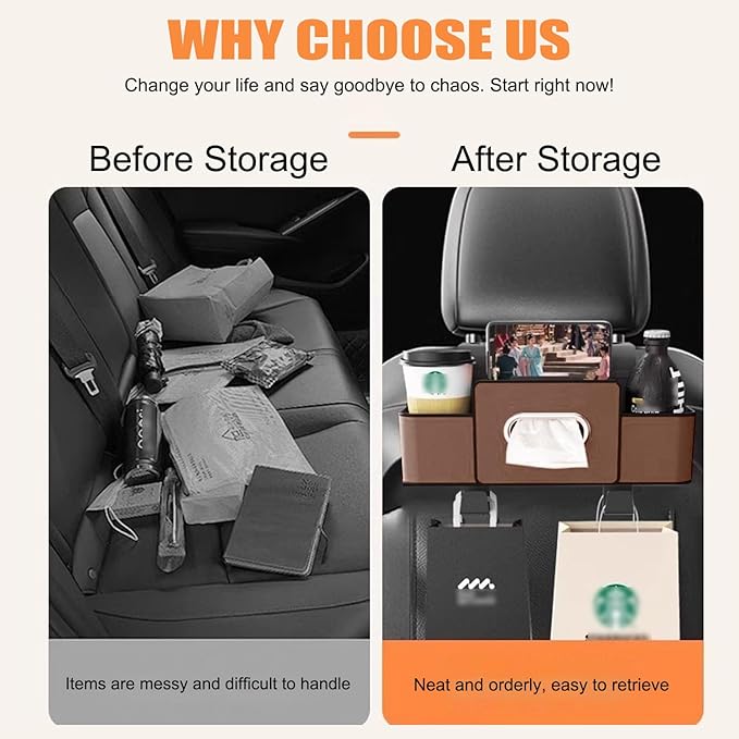 UKM 3-in-1 Back Seat Car Organizer, Car Backseat Storage Box with Cup Holder, Tissue Box&Hooks, Multifunctional Waterproof Storage for Hold Phones Drinks Handbags (Brown)