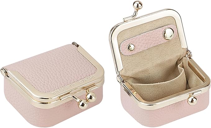Royal Bagger Genuine Cow Leather Mini Jewelry Box Women's Coin Purse Solid Color Kiss Lock Change Pouch Casual Style Small Storage Bag for Women 1894 (Pink)