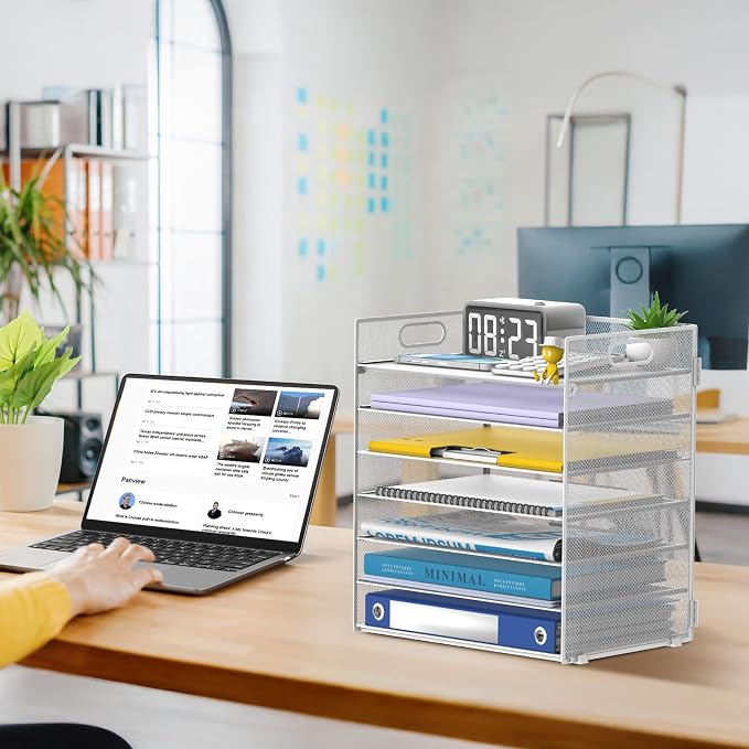 7 Tier Paper Organizer - Mesh Desktop File Holder with Handles for Office School Desk, Black (White)