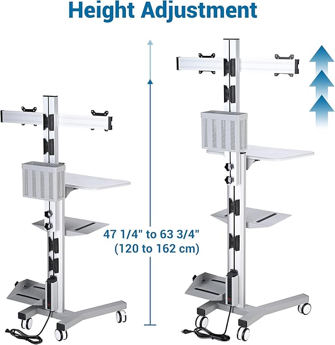 AW 32" Mobile PC Stand Workstation, Height Adjustable Dual Monitor Mount, Rolling Computer Cart on Wheels, Silver