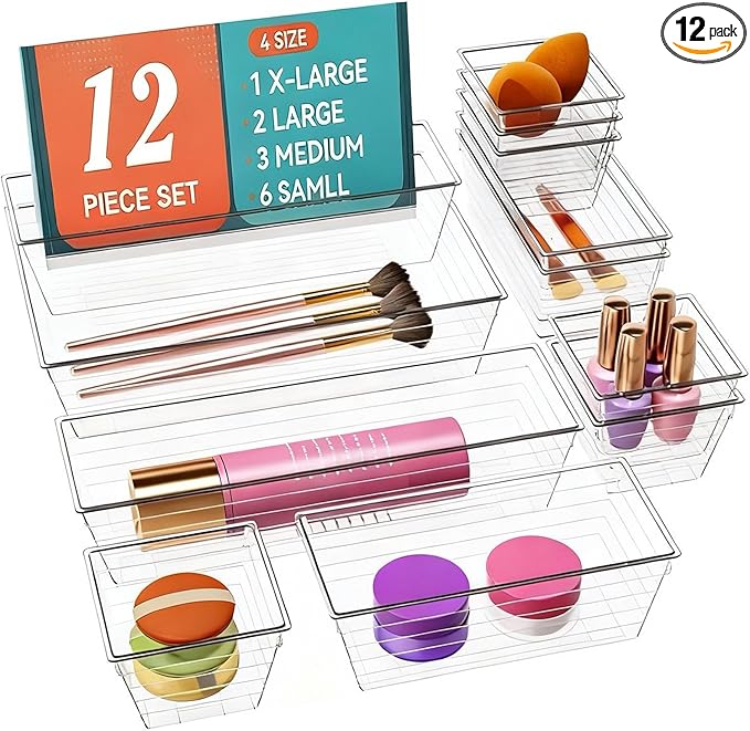 DCA 12 Pack Clear Drawer Organizer, 4 Sizes Makeup organizer, Vanity Organizer for Gadgets,Kitchen,Bathroom,Office