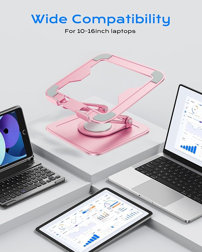 LOXP Adjustable Laptop Stand, Computer Stand with 360 Rotating Base, Ergonomic Laptop Riser Mount for Desk Foldable Protable Computer Desk Fits with MacBook Pro Air (10-16") - Pink