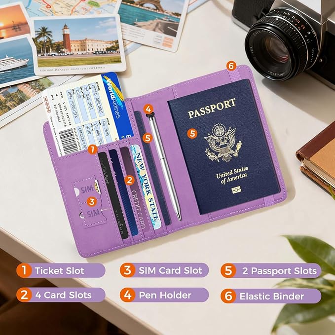 Cnycmy Passport Holder for Travel, Pu Leather Travel Wallet, RFID Blocking, Metal United States Coat of Arms, Waterproof cover for Family (Purple)