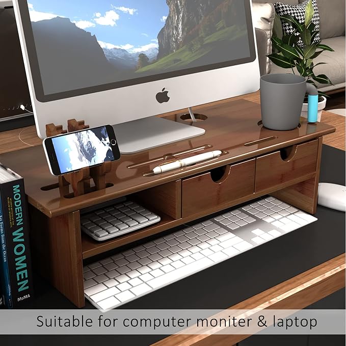 Sundale Outdoor WAYTRIM Bamboo Wood Monitor Stand Ergonomic Computer Riser with Storage Organizer Drawers Desktop Laptop Shelf Risers Cellphone Stand for Home and Office Use, Classic Antique Brown