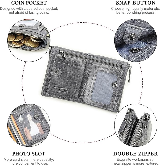 CONTACTS Soft Leather Wallet for Women and Men Small Bifold Coin Purse Double Zipper Card Holder with RFID Blocking (Gray)