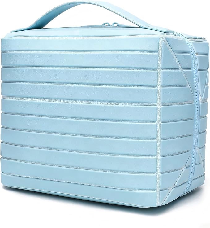Fold Down Standing Makeup Bag – Large Travel Toiletry Organizer (Blue) | Parallel design, waterproof PVC, stands upright or folds flat. Full-size cosmetics & Toiletries. Ideal for travel, gym, home.