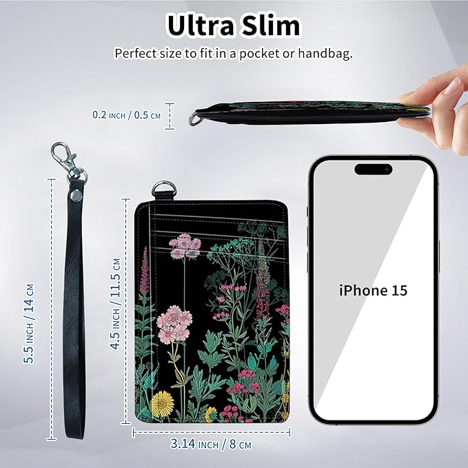 Slim Minimalist Front Pocket Wallet,Credit Card Holder Wallet for Women Men,RFID Blocking Credit Card Holder Case Leather Cute Small Thin Wallet ID Window&Wrist Strap,Floral Palnt